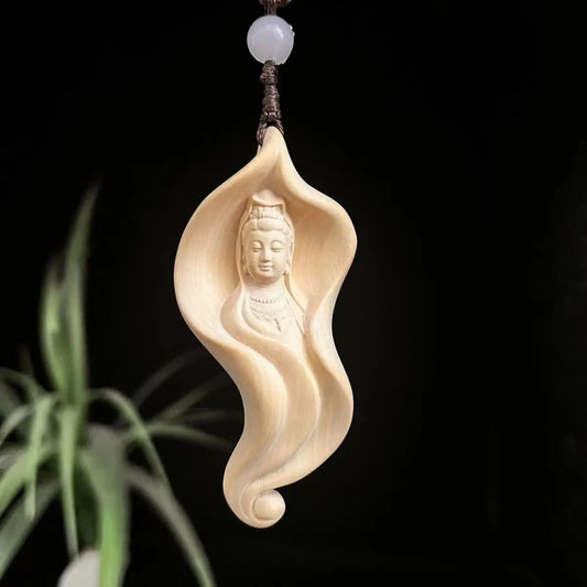 Boxwood Lotus Leaf Guanyin Neck Hanging Creative Modeling Solid Wood Carving Guanyin Guanyin Pendant Car Accessories Wen Play