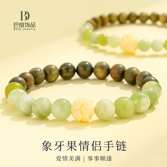 New Green Sandalwood Beaded Couple Bracelet Women's All-match Niche High-end Sense ivory fruit Xiuyu Jade Hand String Headwear