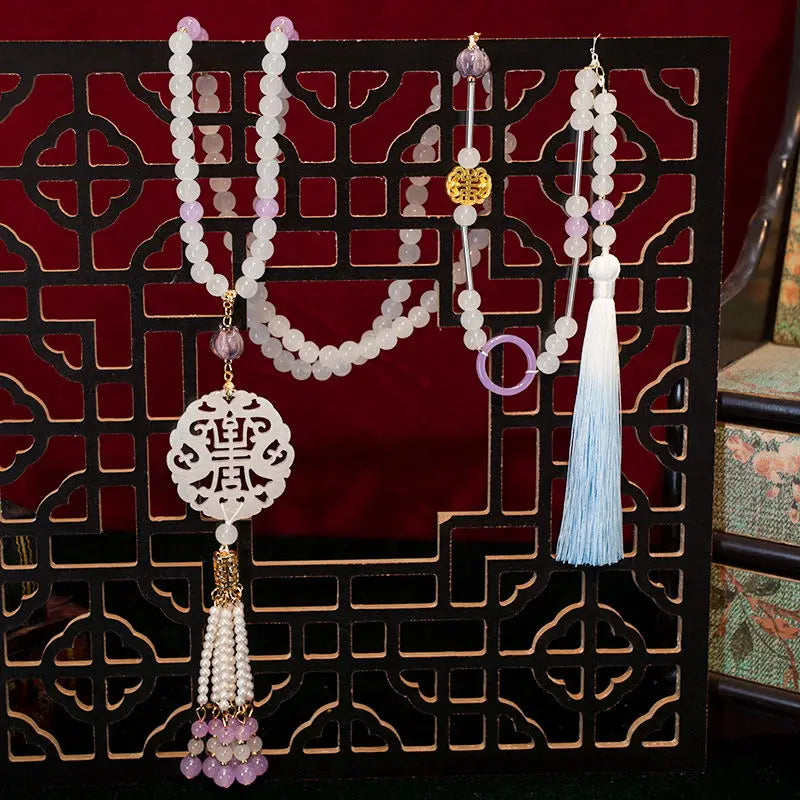 Hanfu Ancient Suit Horse Noodles Accessories Necklace Wreaths Back Cloud Tassel Super Long Chinese Pearl Ancient Pressed Placket