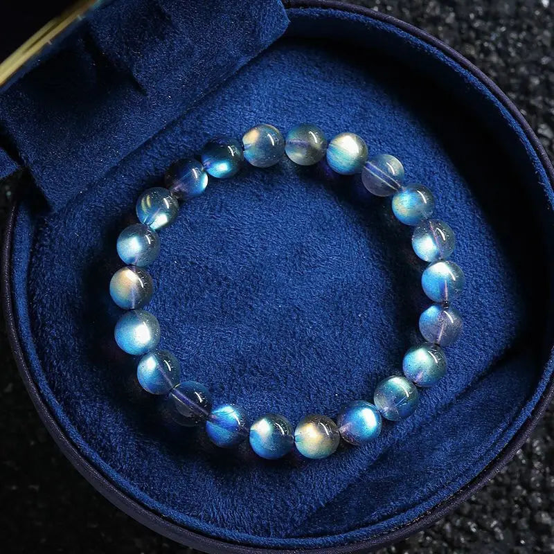 Natural Ice Grey Moonstone Collectible Bracelet Women's Gifts Strong Blue Light Rainbow Lavolite Single Ring HandString Jewelry