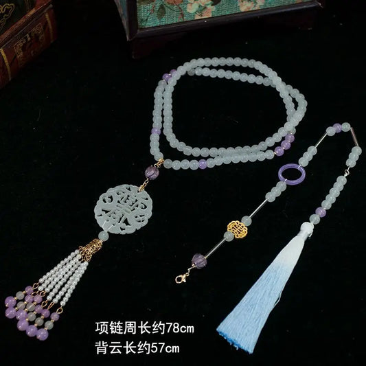 Hanfu Ancient Suit Horse Noodles Accessories Necklace Wreaths Back Cloud Tassel Super Long Chinese Pearl Ancient Pressed Placket