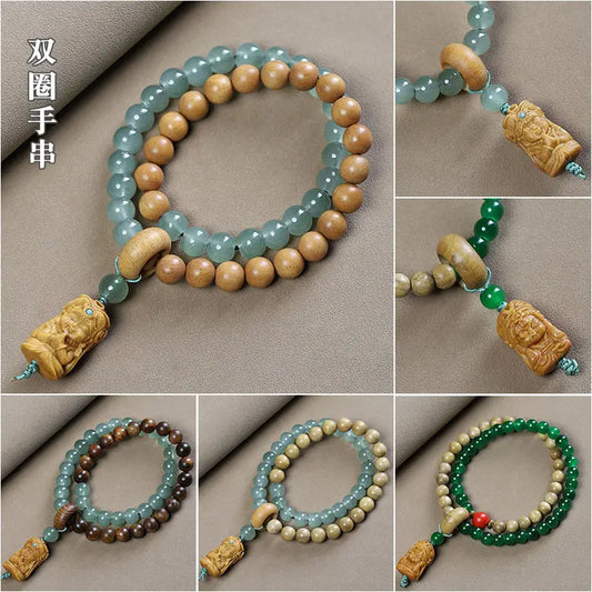 Natural Sandalwood Milk Fragrance Wood Stitching Jade Double Circle Bracelet HandString Carving TuMu Pendant WenPlay Buddha Bead