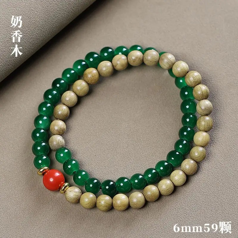 Natural Sandalwood Milk Fragrance Wood Stitching Jade Double Circle Bracelet HandString Carving TuMu Pendant WenPlay Buddha Bead