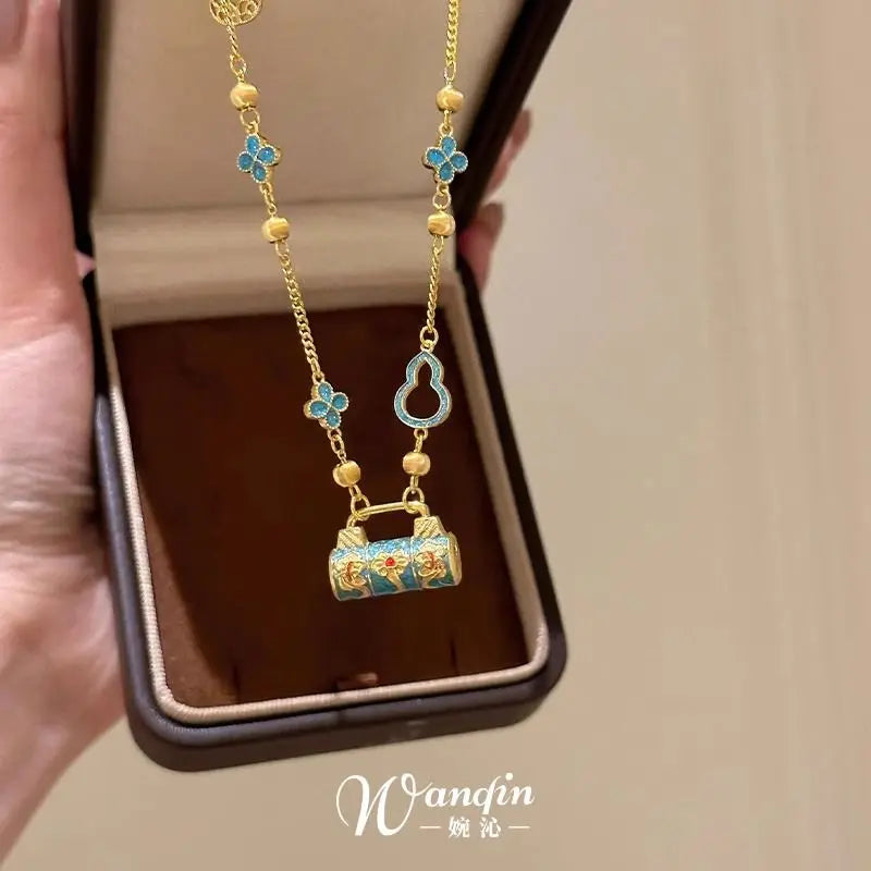 New Chinese Enamel Burning Blue Peace Lock Pendant Necklace Retro Contrast Gold Plated Color Court Style Clavicle Chain Pendant