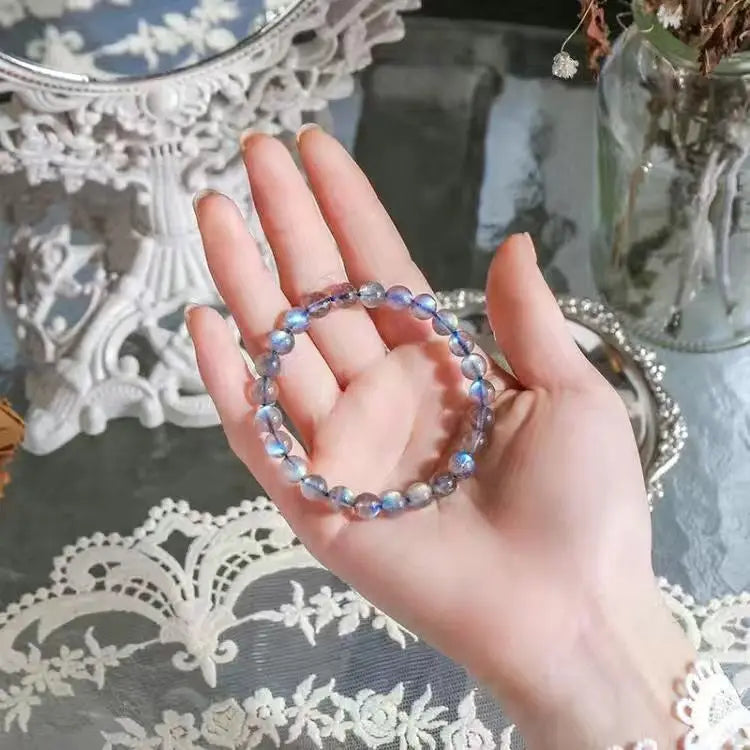 Natural Ice Grey Moonstone Collectible Bracelet Women's Gifts Strong Blue Light Rainbow Lavolite Single Ring HandString Jewelry