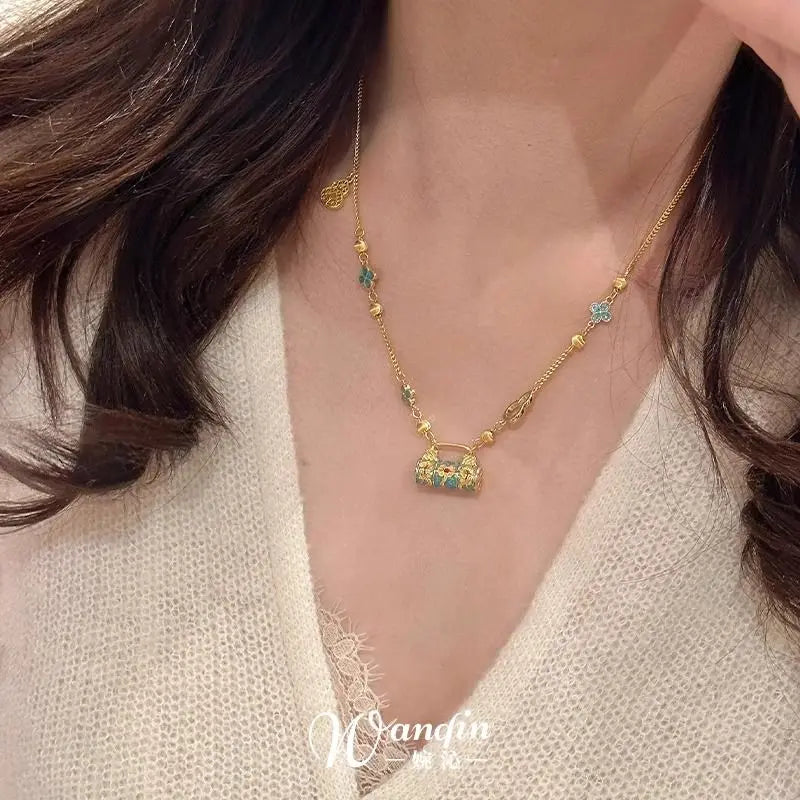 New Chinese Enamel Burning Blue Peace Lock Pendant Necklace Retro Contrast Gold Plated Color Court Style Clavicle Chain Pendant
