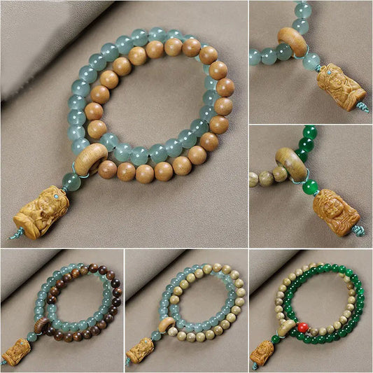 Natural Sandalwood Milk Fragrance Wood Stitching Jade Double Circle Bracelet HandString Carving TuMu Pendant WenPlay Buddha Bead
