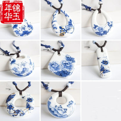 Ceramic necklace, antique blue and white porcelain pendant