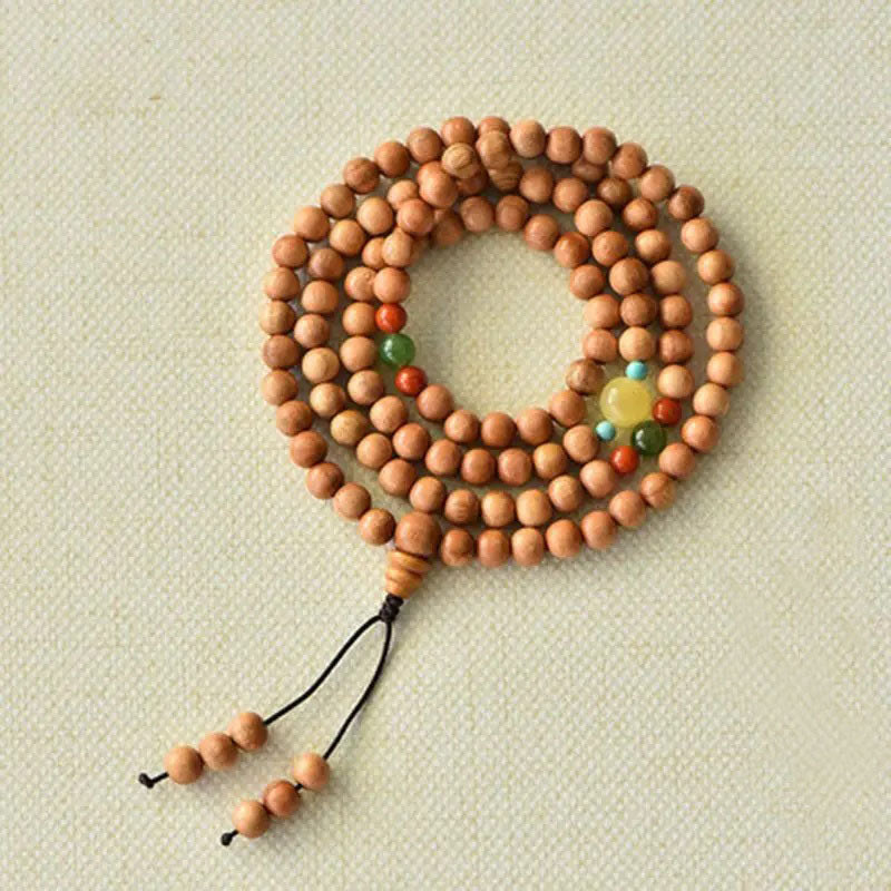 Peach wood multi-circle bracelet, beeswax lucky beads