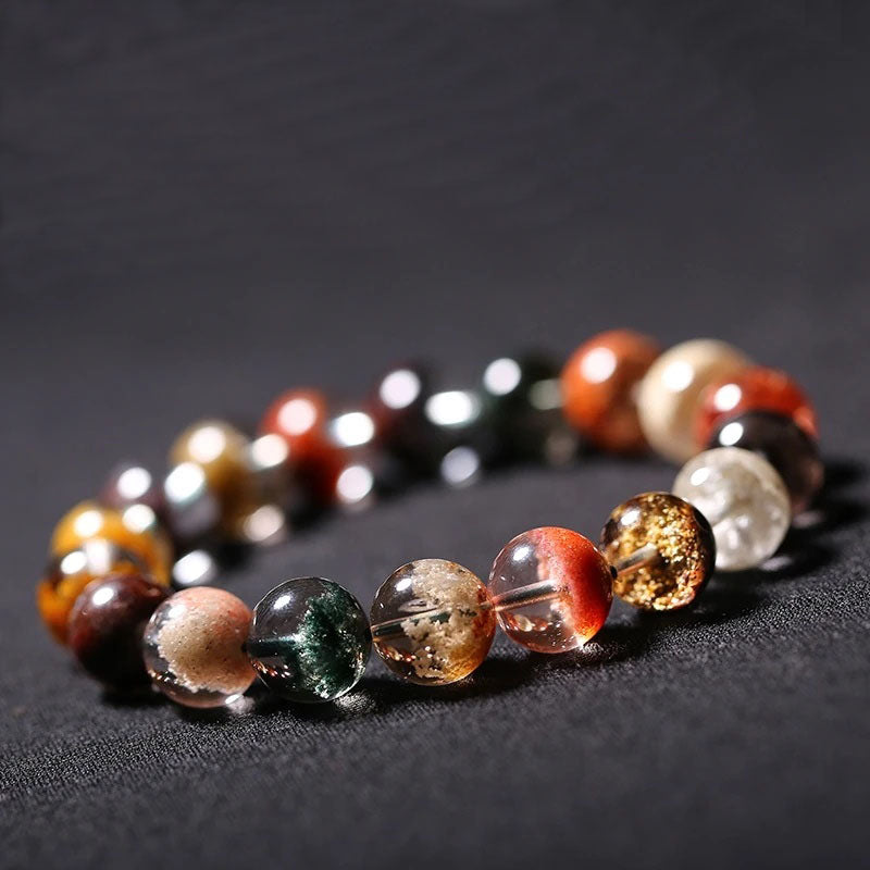 Red and green ghost quartz round bead bracelet