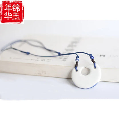 Ceramic necklace, antique blue and white porcelain pendant