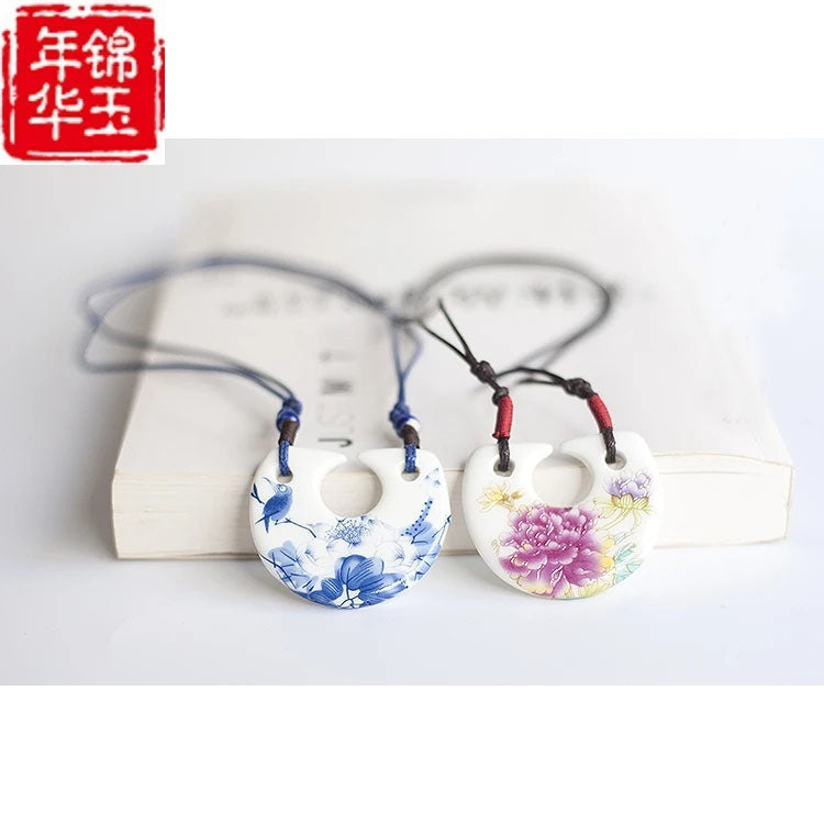 Ceramic necklace, antique blue and white porcelain pendant