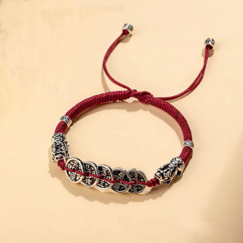 [Five Emperors Money] Hand-woven Red Rope Bracelets Girls Couple's Lucky Achieve Solicit Accumulate Wealth National Tide Retro