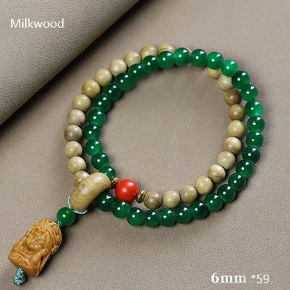 Natural Sandalwood Milk Fragrance Wood Stitching Jade Double Circle Bracelet HandString Carving TuMu Pendant WenPlay Buddha Bead