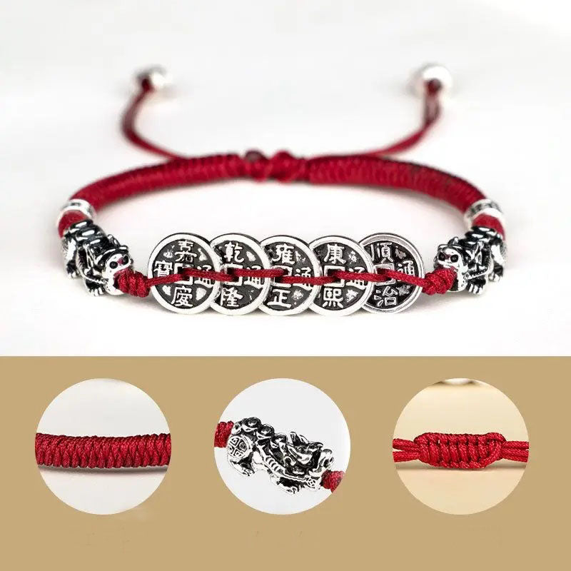 [Five Emperors Money] Hand-woven Red Rope Bracelets Girls Couple's Lucky Achieve Solicit Accumulate Wealth National Tide Retro