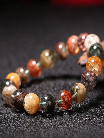 Red and green ghost quartz round bead bracelet
