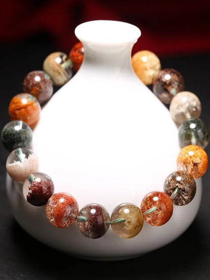 Red and green ghost quartz round bead bracelet