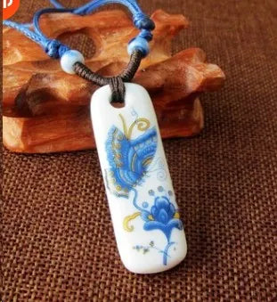 Ceramic necklace, antique blue and white porcelain pendant