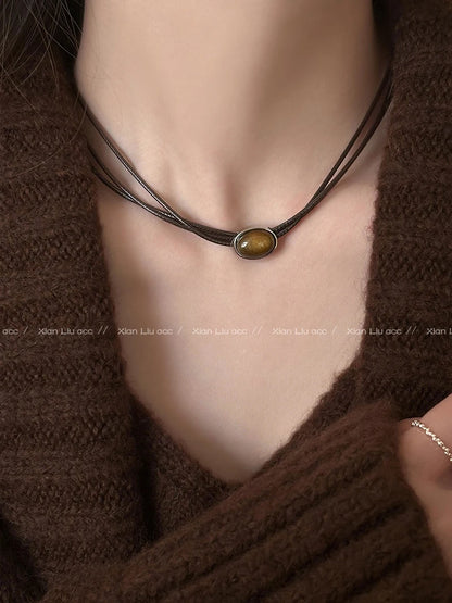 Leather Tiger Eye Necklace Women's Vintage Elegant Choker Light Luxury Stacked Wearing ChineseStyle Collarbone Chain Accessories