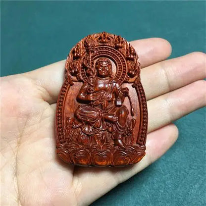 Rosewood Zodiac Guanyin Pendant, Woodcarved Buddha Amulet - Protection, Peace and Health