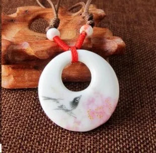 Ceramic necklace, antique blue and white porcelain pendant