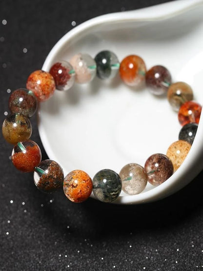 Red and green ghost quartz round bead bracelet