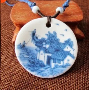 Ceramic necklace, antique blue and white porcelain pendant