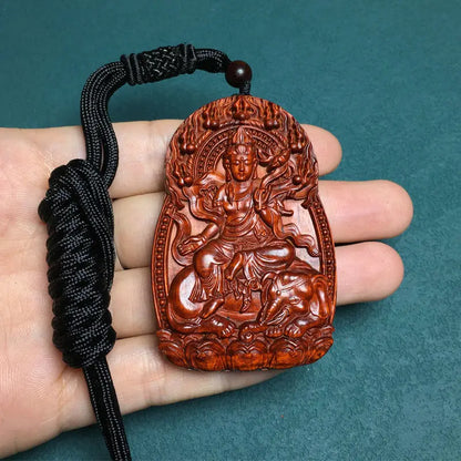 Rosewood Zodiac Guanyin Pendant, Woodcarved Buddha Amulet - Protection, Peace and Health
