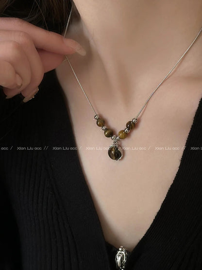 Leather Tiger Eye Necklace Women's Vintage Elegant Choker Light Luxury Stacked Wearing ChineseStyle Collarbone Chain Accessories