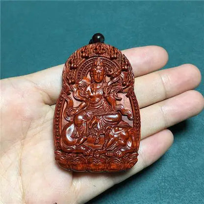 Rosewood Zodiac Guanyin Pendant, Woodcarved Buddha Amulet - Protection, Peace and Health