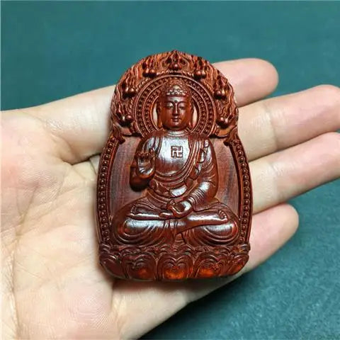 Rosewood Zodiac Guanyin Pendant, Woodcarved Buddha Amulet - Protection, Peace and Health