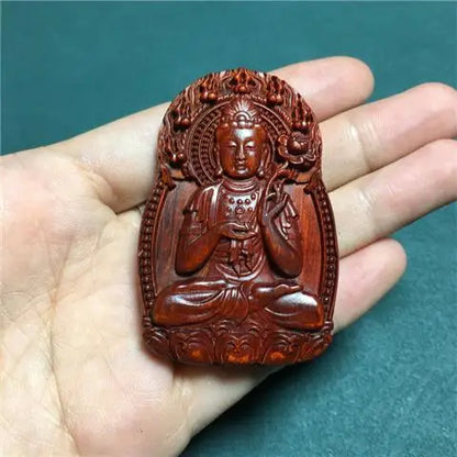 Rosewood Zodiac Guanyin Pendant, Woodcarved Buddha Amulet - Protection, Peace and Health