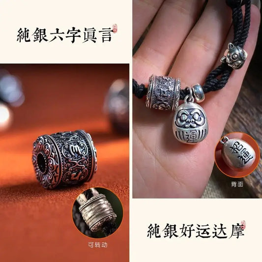 925 Sterling Silver Six-Character True Words Dharma Hand-Woven Black Hand Rope Bracelet for Men and Women Tibetan Hand Jewelry