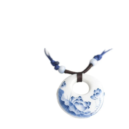 Ceramic necklace, antique blue and white porcelain pendant