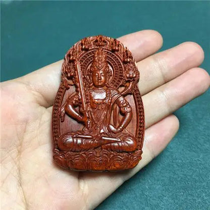 Rosewood Zodiac Guanyin Pendant, Woodcarved Buddha Amulet - Protection, Peace and Health