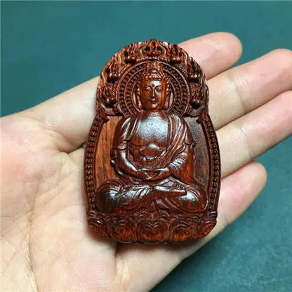 Rosewood Zodiac Guanyin Pendant, Woodcarved Buddha Amulet - Protection, Peace and Health