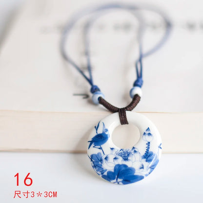 Ceramic necklace, antique blue and white porcelain pendant