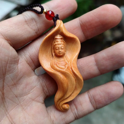 Boxwood Lotus Leaf Guanyin Neck Hanging Creative Modeling Solid Wood Carving Guanyin Guanyin Pendant Car Accessories Wen Play