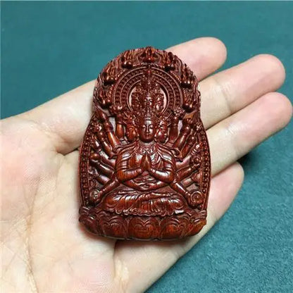 Rosewood Zodiac Guanyin Pendant, Woodcarved Buddha Amulet - Protection, Peace and Health