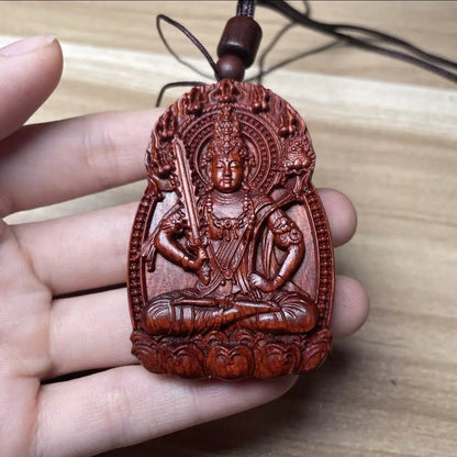 Rosewood Buddha amulet, carved with the twelve Chinese zodiac animals