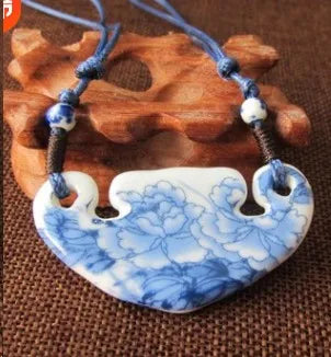 Ceramic necklace, antique blue and white porcelain pendant