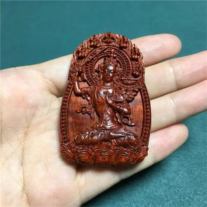 Rosewood Zodiac Guanyin Pendant, Woodcarved Buddha Amulet - Protection, Peace and Health