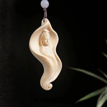 Boxwood Lotus Leaf Guanyin Neck Hanging Creative Modeling Solid Wood Carving Guanyin Guanyin Pendant Car Accessories Wen Play