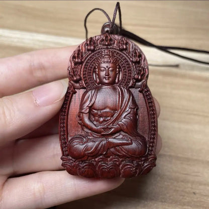 Rosewood Buddha amulet, carved with the twelve Chinese zodiac animals