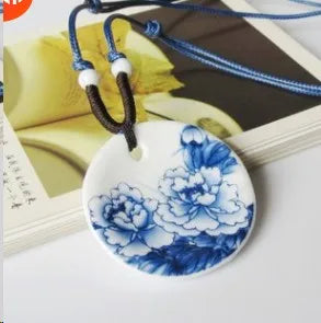 Ceramic necklace, antique blue and white porcelain pendant