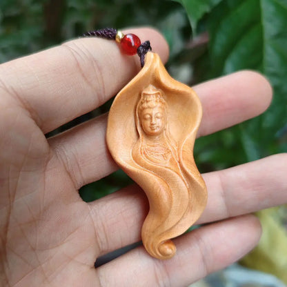 Boxwood Lotus Leaf Guanyin Neck Hanging Creative Modeling Solid Wood Carving Guanyin Guanyin Pendant Car Accessories Wen Play