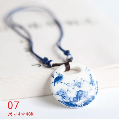 Ceramic necklace, antique blue and white porcelain pendant