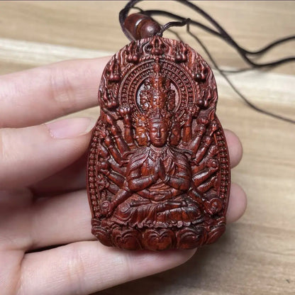 Rosewood Buddha amulet, carved with the twelve Chinese zodiac animals