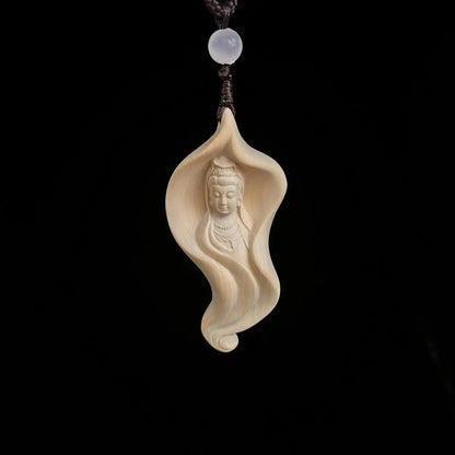 Boxwood Lotus Leaf Guanyin Neck Hanging Creative Modeling Solid Wood Carving Guanyin Guanyin Pendant Car Accessories Wen Play