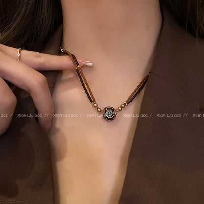Leather Tiger Eye Necklace Women's Vintage Elegant Choker Light Luxury Stacked Wearing ChineseStyle Collarbone Chain Accessories